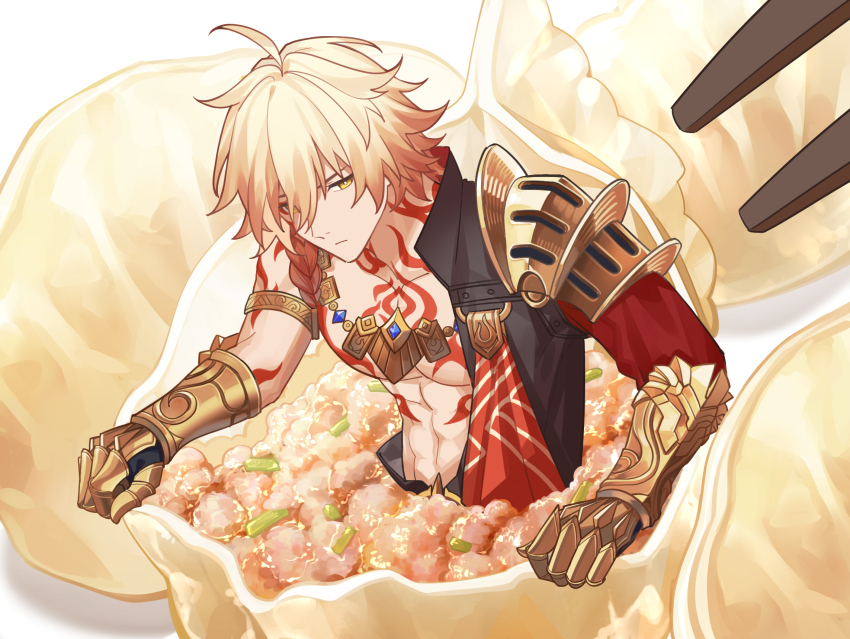 1boy abs ahoge arm_tattoo armlet armor armored_gloves belt black_coat blonde_hair braid chest_tattoo chinese_commentary chopsticks coat commentary_request dabeizhuanghuangmenjimifan dumpling earrings facial_tattoo food gold_earrings gold_necklace gradient_hair hair_between_eyes highres honkai:_star_rail honkai_(series) jewelry male_focus medium_hair miniature multicolored_hair mydei_(honkai:_star_rail) necklace on_food open_clothes open_coat orange_eyes pauldrons red_hair red_tattoo shoulder_armor side_braid single_pauldron sitting_on_food solo tattoo toned toned_male