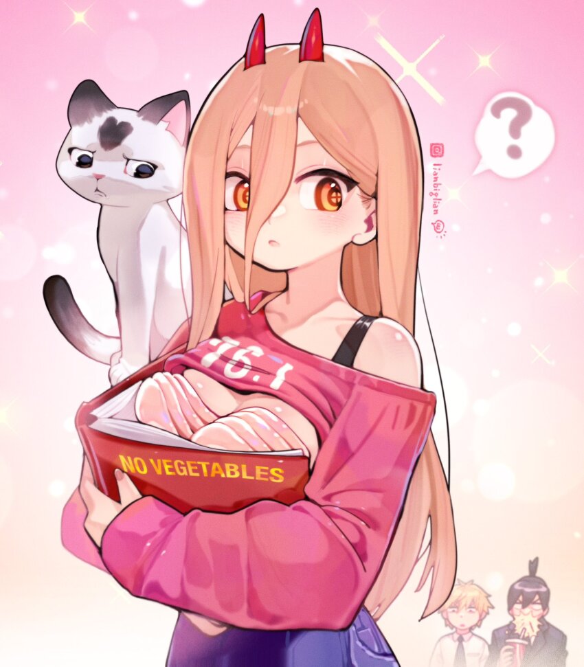 1girl 2boys ? black_necktie blonde_hair boobs_in_book_(meme) book breast_padding cat chainsaw_man cross-shaped_pupils demon_girl demon_horns denji_(chainsaw_man) hair_between_eyes hayakawa_aki highres holding holding_book horns jacket lianbiglian long_hair long_hair_between_eyes meme meowy_(chainsaw_man) multiple_boys necktie pink_sweater power_(chainsaw_man) red_horns shirt speech_bubble spoken_question_mark suit_jacket sweater symbol-shaped_pupils topknot white_shirt yellow_eyes