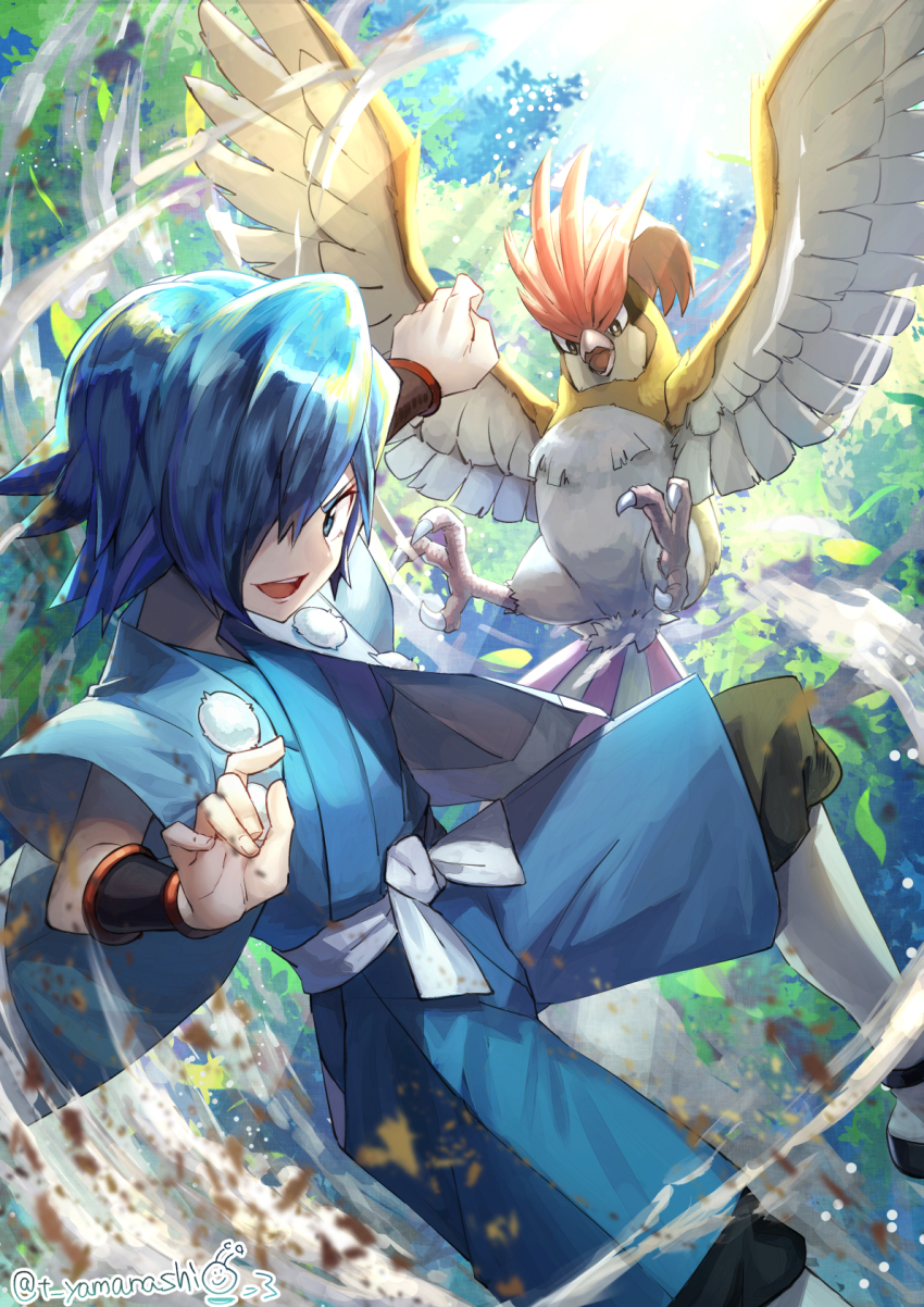 1boy blue_sky falkner_(pokemon) gen_1_pokemon highres nintendo pidgeotto pokemon pokemon_hgss sky tree yamanashi_taiki
