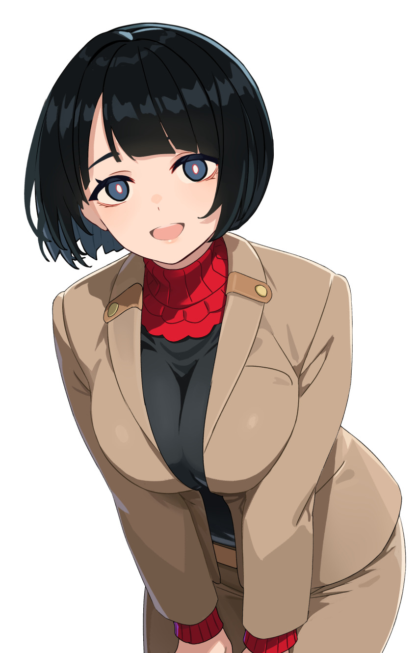 1girl :d black_hair blue_eyes breasts bright_pupils brown_jacket commentary_request gundam gundam_gquuuuuux highres jacket large_breasts long_sleeves looking_at_viewer open_mouth reibun_(raven1119) shiiko_sugai short_hair simple_background smile solo white_background white_pupils