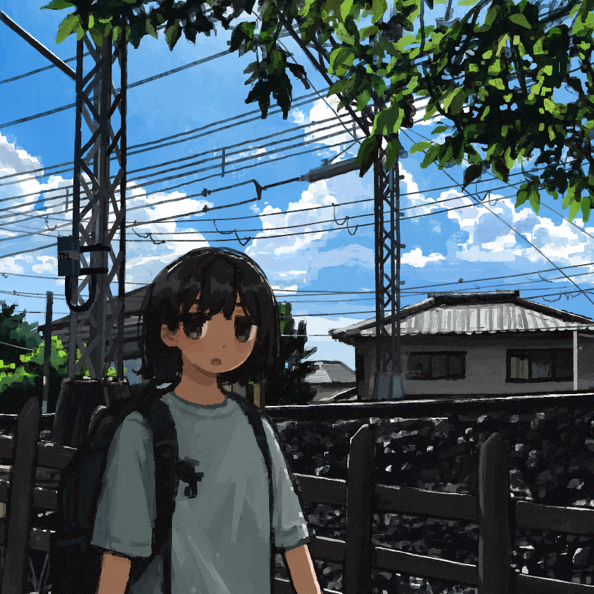 1girl absurdres backlighting backpack bag black_bag blue_shirt blue_sky blush_stickers brown_eyes brown_hair cloud commentary day dot_nose fence gravel highres house jitome looking_at_viewer open_mouth original outdoors power_lines railroad_tracks scenery shade shirt short_hair short_sleeves shoulder_strap sideways_glance sky solo sunlight t-shirt tree truss uniunimikan upper_body wooden_fence