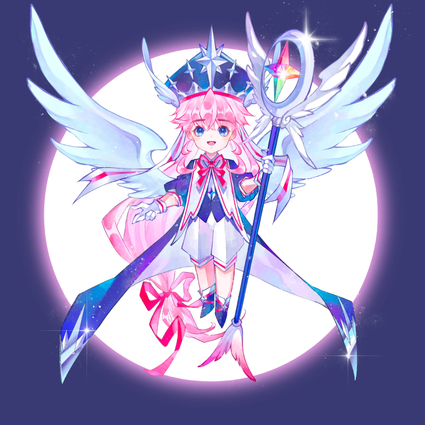 1girl absurdly_long_hair angel_wings blue_boots blue_coat blue_eyes blue_hat boots capelet chibi chinese_commentary coat commentary_request eyelashes feathered_wings floating full_moon gloves hair_between_eyes hair_ribbon happy hat highres holding holding_staff inhan light_particles long_hair long_sleeves looking_at_viewer loose_hair_strand low-tied_long_hair magical_girl moon neck_ribbon night night_sky open_mouth original outdoors pink_hair pink_ribbon puffy_long_sleeves puffy_sleeves ribbon shorts sidelocks sky smile socks solo sparkle spread_wings staff star_(symbol) straight-on three-quarter_sleeves two-sided_coat two-sided_fabric very_long_hair white_capelet white_coat white_gloves white_shorts white_socks white_wings winged_hat wings