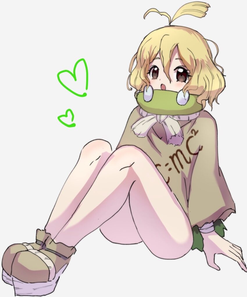 1girl :o antenna_hair bare_legs blonde_hair blush brown_eyes brown_shirt dr._stone full_body hair_between_eyes heart highres looking_at_viewer open_mouth poncho sarabi_uty scarf shirt shoes short_hair sitting solo suika_(dr.stone)