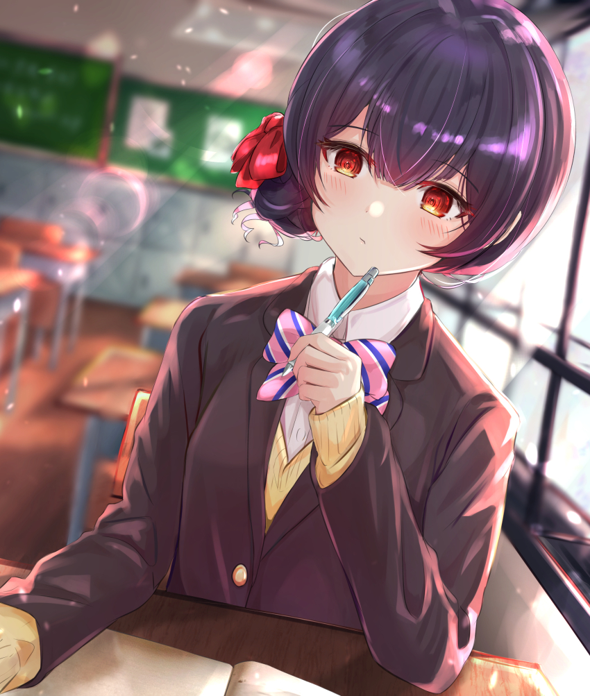 1girl absurdres black_hair blurry blurry_background blush bow bowtie brown_jacket chair classroom closed_mouth desk dot_nose elbows_on_table flat_chest hair_between_eyes hair_bow hair_bun hair_ribbon highres holding holding_pen idolmaster idolmaster_shiny_colors indoors jacket lens_flare locker long_sleeves looking_at_viewer morino_rinze notebook paper pen pink_bow pink_bowtie red_eyes red_ribbon ribbon school_chair school_desk school_uniform shirt short_hair single_side_bun sitting sky_cappuccino solo striped_bow striped_bowtie striped_clothes sweater white_shirt window wooden_floor yellow_sweater