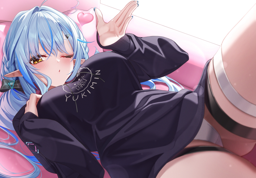 1girl ahoge black_bow black_sweater blowing_kiss blue_hair blue_nails bow braid bratja breasts character_print commentary elf hair_bow heart heart_ahoge highres hololive large_breasts long_hair long_sleeves looking_at_viewer low_twintails lying multicolored_hair nail_polish official_alternate_costume official_alternate_hairstyle on_back one_eye_closed panties pantyshot pointy_ears print_sweater side_braids solo streaked_hair sweater thigh_strap twintails underwear virtual_youtuber white_panties yellow_eyes yukihana_lamy yukihana_lamy_(cyber) yukimin_(yukihana_lamy)
