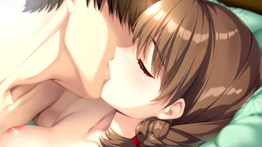 1boy 1girl braid breasts brown_hair closed_eyes couple doukyuusei_(series) doukyuusei_2 game_cg hetero highres kiss medium_hair nagashima_kumiko nipples nude official_art single_braid small_breasts sumeragi_kohaku