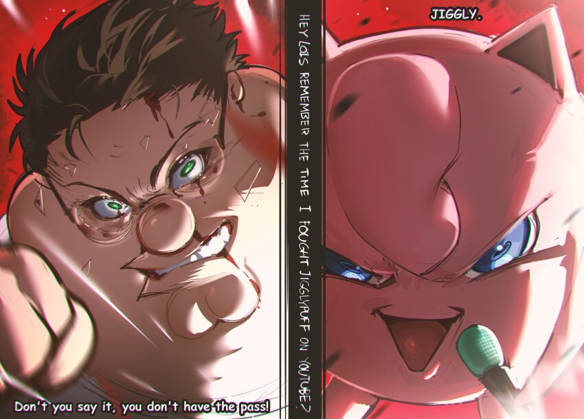 1boy blood blood_on_face blue_eyes brown_hair cleft_chin clenched_teeth commentary english_commentary family_guy fat fat_man gen_1_pokemon glasses green_eyes highres holding holding_microphone jigglypuff kowai_(iamkowai) microphone nintendo open_mouth peter_griffin pokemon pokemon_(creature) short_hair teeth very_short_hair