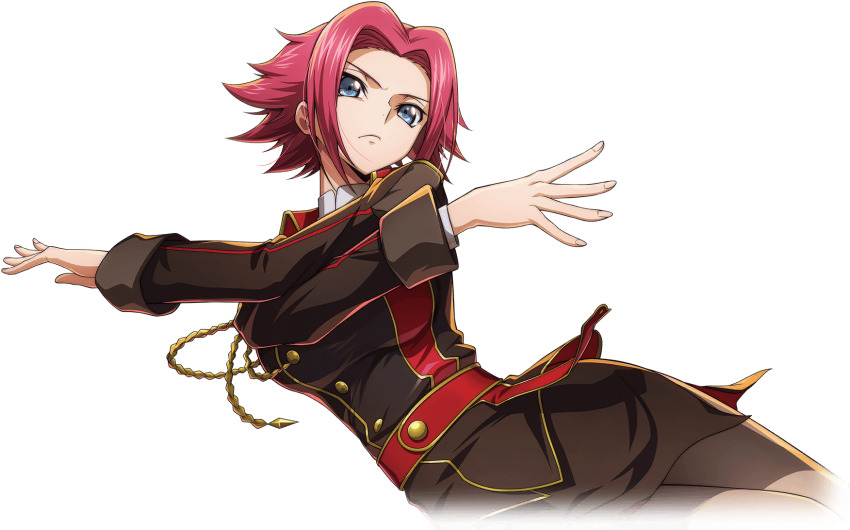 1girl blue_eyes blush breasts buttons closed_mouth code_geass code_geass:_lost_stories f4samurai game_cg highres jacket kouzuki_kallen large_breasts military_dress_uniform military_jacket military_uniform naval_dress_uniform naval_uniform official_art red_hair short_hair solo