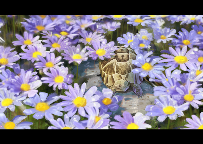 absurdres animal animal_focus dirt flower highres no_humans original outdoors plant purple_flower sumassha_t_t tortoise turtle