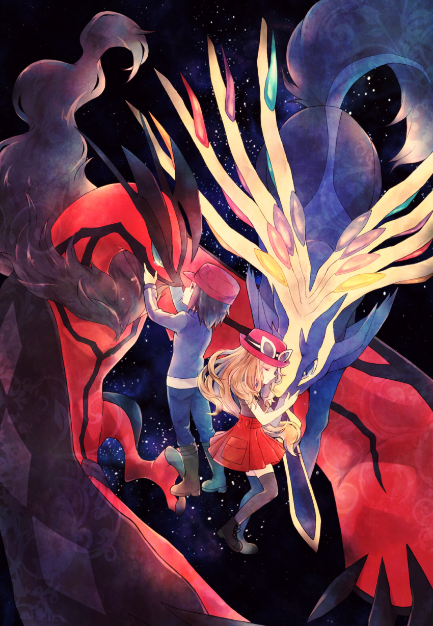 10s 1boy 1girl bad_id bad_pixiv_id black_hair blonde_hair boots calem_(pokemon) eyewear_on_head gen_6_pokemon hat highres jacket kabocha_torute legendary_pokemon long_hair md5_mismatch nintendo pleated_skirt pokemon pokemon_(creature) pokemon_xy serena_(pokemon) shirt skirt sleeveless sleeveless_shirt space star_(sky) sunglasses tears thighhighs xerneas yveltal