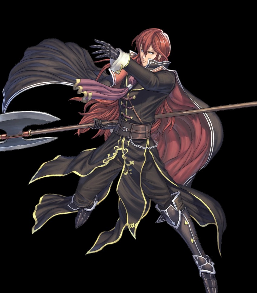 1boy armor armored_boots axe boots fire_emblem fire_emblem:_mystery_of_the_emblem fire_emblem_heroes full_body gloves highres izuka_daisuke long_hair male_focus misheil_(fire_emblem) nintendo official_art red_eyes red_hair solo transparent_background weapon