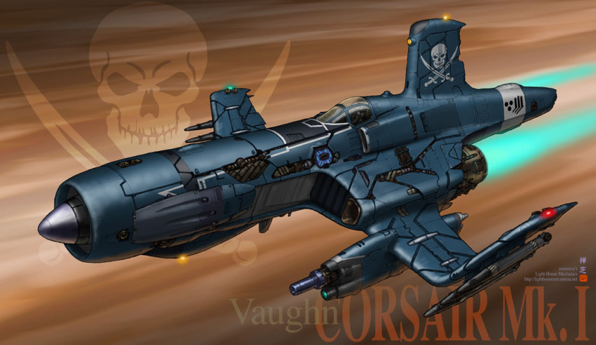 aircraft airplane artist_name cannon cockpit crossed_swords energy_gun exhaust f4u_corsair jet jolly_roger light mecha military_vehicle missile no_humans original pilot pilot_suit propeller_fighter realistic robot science_fiction skull skull_and_crossed_swords spacecraft spacesuit sword vehicle_focus watermark weapon web_address zenseava