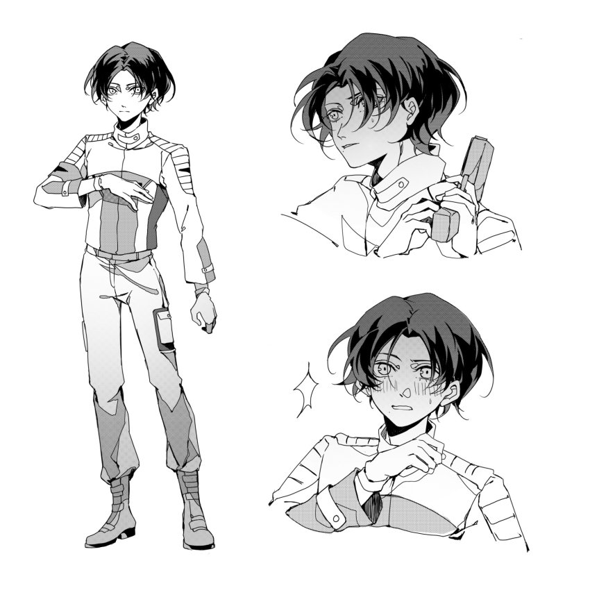 1boy armband armor black_hair reference_sheet cyuer11 fenix_uniform gloves gun handgun highres igarashi_daiji kamen_rider kamen_rider_revice limited_palette looking_at_viewer male_focus monochrome open_hand pants pistol short_hair simple_background smile upper_body vest weapon white_gloves