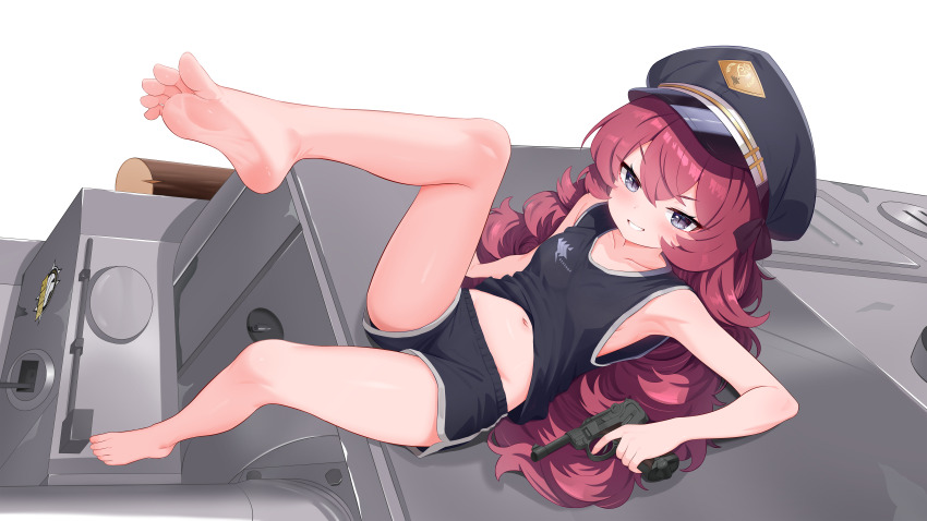 1girl absurdres alternate_costume bare_legs bare_shoulders barefoot black_eyes black_hat black_shorts black_tank_top blue_archive blush breasts c-r-carlos casual commentary dolphin_shorts dot_nose double-parted_bangs feet fluffy_hair foot_focus foreshortening full_body gehenna_academy_logo grin gun hair_between_eyes handgun hat highres holding holding_gun holding_pistol holding_weapon huge_filesize iroha_(blue_archive) leg_up loli long_hair looking_at_viewer lying military_hat military_vehicle motor_vehicle navel on_back on_tank peaked_cap presenting_foot reclining red_hair short_shorts shorts simple_background small_breasts smile soles solo tank tank_top thighs toes trigger_discipline v-shaped_eyebrows very_long_hair wavy_hair weapon weapon_request white_background
