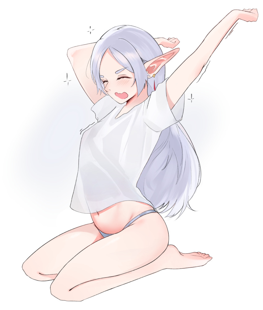 1girl arms_up barefoot blush bolu06 breasts clenched_hands closed_eyes ear_piercing earrings elf eyebrows_hidden_by_hair feet frieren full_body hair_down highres jewelry long_hair looking_at_viewer navel no_pants open_mouth panties piercing pointy_ears seiza shirt short_eyebrows sitting small_breasts solo sousou_no_frieren stretching thighs toes underwear very_long_hair white_background white_panties white_shirt
