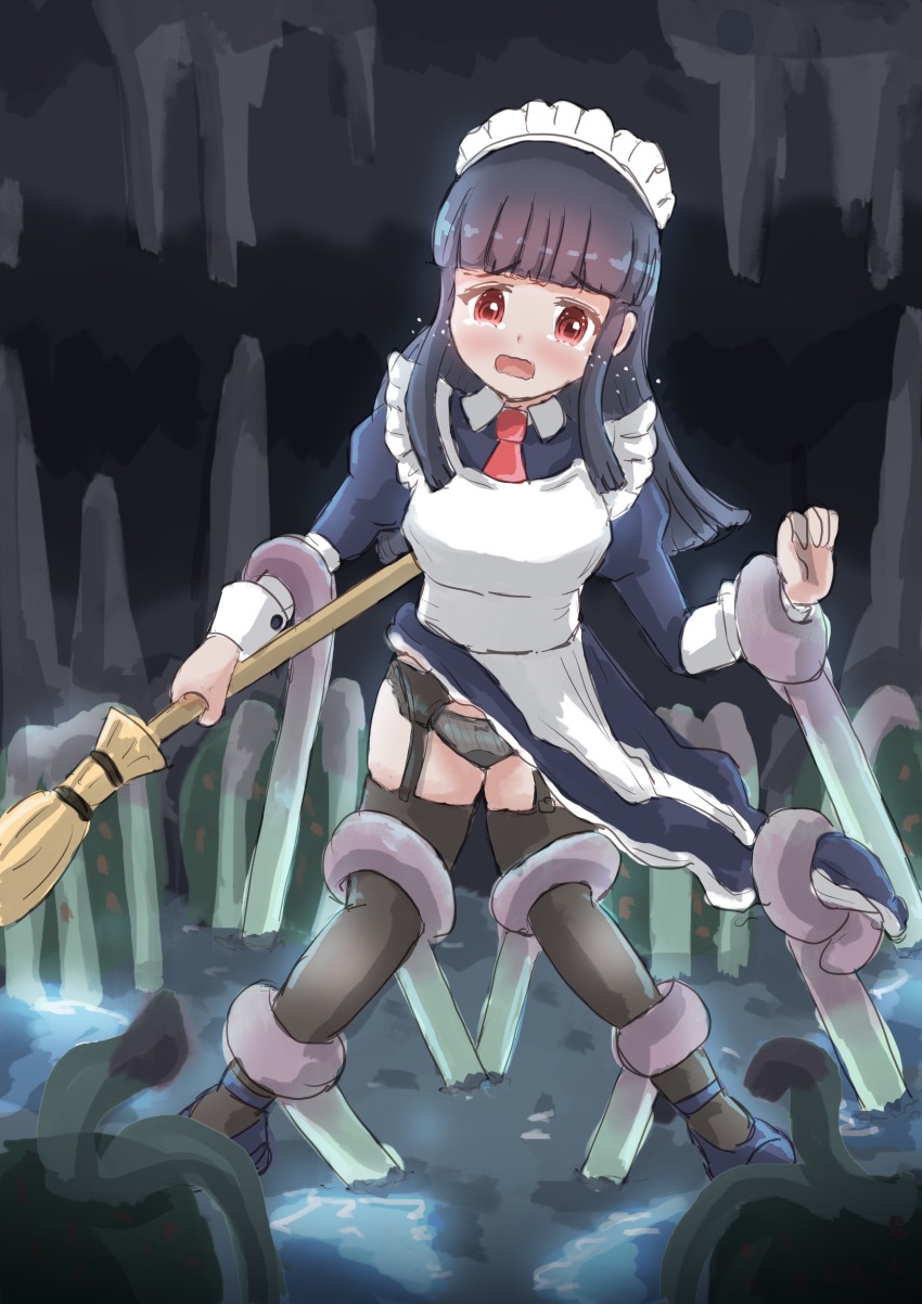 1girl absurdres alice_(ragnarok_online) apron black_dress black_panties black_shoes black_thighhighs blush broom cave_interior commentary crying crying_with_eyes_open dress english_commentary full_body garter_belt highres holding holding_broom hydra_(ragnarok_online) long_hair mahapapaya maid maid_headdress necktie open_mouth panties ragnarok_online red_eyes red_necktie restrained shoes solo stalactite stalagmite standing tears tentacles thighhighs underwear variant_set white_apron