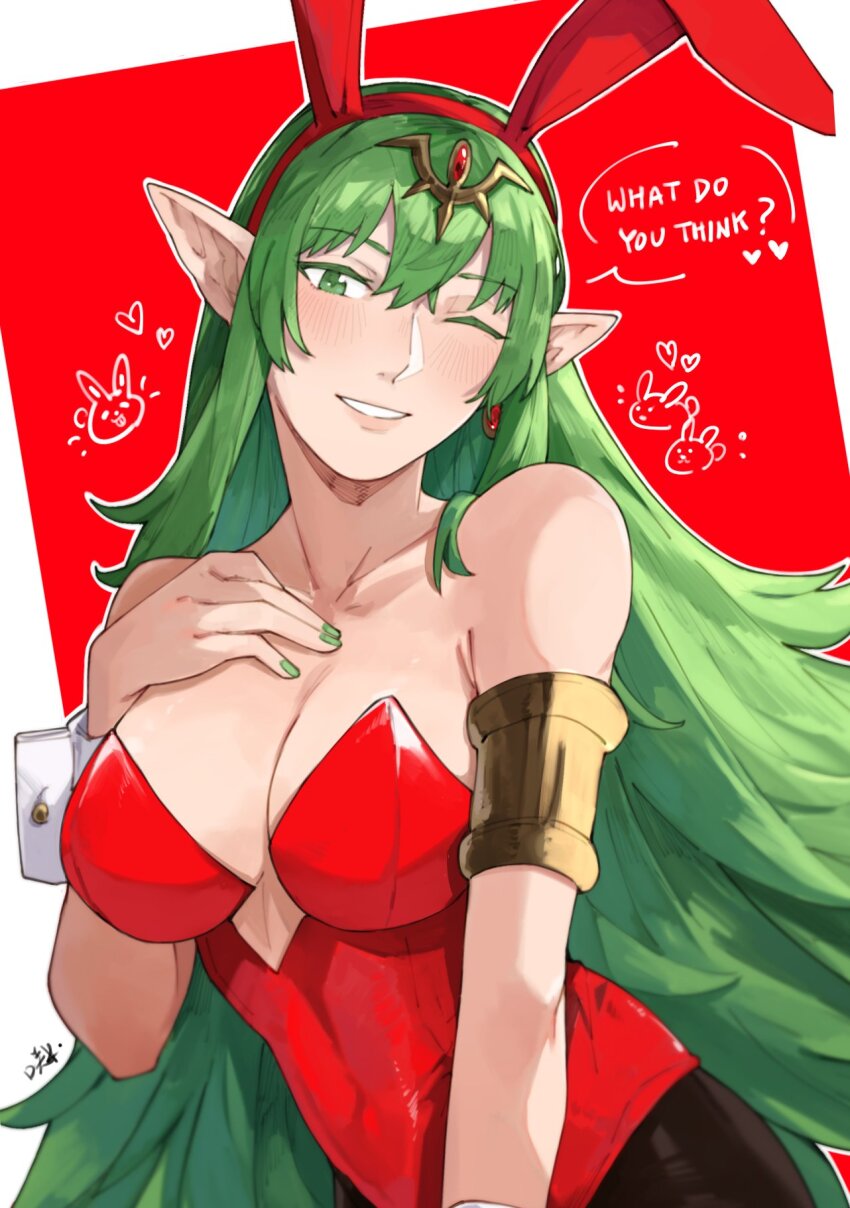 1girl alternate_costume alternate_hairstyle animal_ears breasts brown_pantyhose cleavage commentary english_commentary fake_animal_ears fingernails fire_emblem fire_emblem_awakening green_eyes green_hair green_nails grin hair_ornament hand_on_own_chest highres large_breasts leotard lips long_hair nintendo one_eye_closed pantyhose pink_lips pointy_ears rabbit_ears red_leotard sakuremi signature smile solo strapless strapless_leotard tiki_(adult)_(fire_emblem) tiki_(fire_emblem) very_long_hair