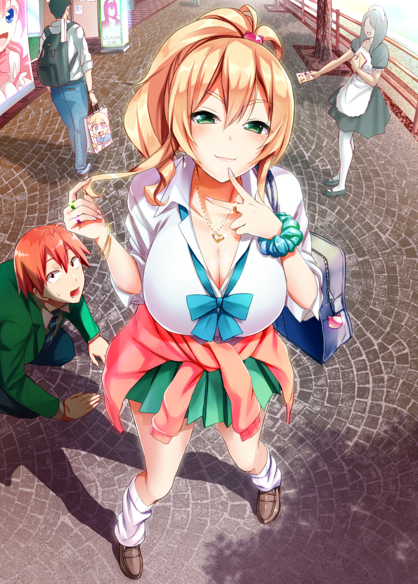 10s 1boy 1girl absurdres ahoge apron bag blonde_hair bow bowtie bracelet breasts cleavage clothes_around_waist collarbone dogeza earrings green_eyes gyaru hair_ornament twirling_hair hajimete_no_gal hashiba_junichi heart heart_necklace high_ponytail highres jewelry kogal large_breasts lipgloss loafers long_hair looking_at_viewer looking_up loose_socks maid maid_apron maid_headdress nail_polish necklace necktie official_art orange_hair pleated_skirt ponytail red_eyes ring school_uniform scrunchie sett shoes shopping_bag skirt smug socks sweater sweater_around_waist uenotei wrist_scrunchie yame_yukana