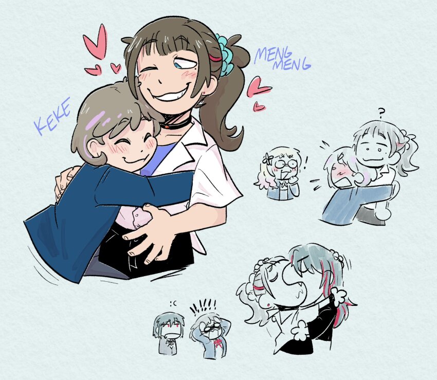! !! 5girls :t ? ^_^ blue_eyes blue_jacket blue_shirt blush brown_hair caught character_name chibi chibi_inset choker closed_eyes closed_mouth collared_shirt commentary cropped_torso embarrassed english_commentary gamjabyte grey_hair grin hair_ornament hair_scrunchie hand_on_another&#039;s_back hands_on_own_head happy heart highres hug in-franchise_crossover jacket long_hair looking_at_another love_live! love_live!_nijigasaki_high_school_idol_club love_live!_superstar!! meme mifune_kaoruko mifune_shioriko mole mole_under_eye multicolored_hair multiple_girls multiple_views neck_ribbon one_eye_closed onitsuka_natsumi open_mouth paper_texture red_hair red_ribbon red_streaks ribbon saliva school_uniform scowl screaming scrunchie shirt short_hair short_sleeves siblings sisters smile smug streaked_hair surprised tang_keke tang_mengmeng two-tone_hair v-shaped_eyebrows white_shirt wide_oval_eyes yoshi_and_toad_kissing_(meme) yuigaoka_school_uniform yuri