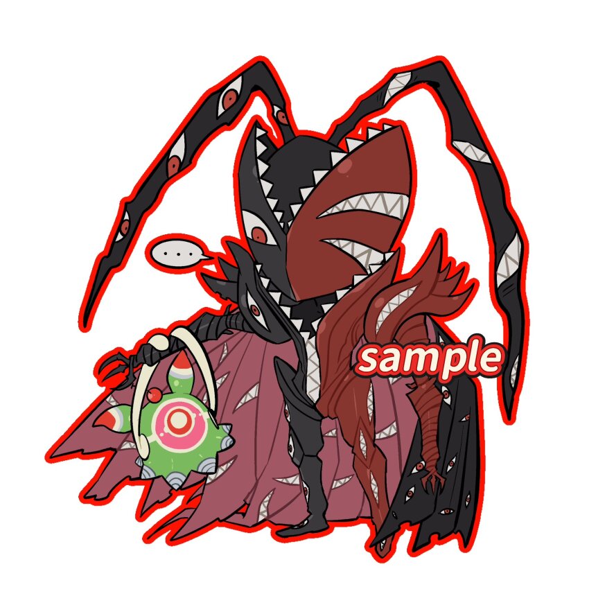 abbadomon abbadomon_core algomon algomon_baby_ii black_skin chibi colored_skin confeito000_333 digimon digimon_(creature) extra_eyes extra_mouth full_body highres multicolored_skin red_eyes red_skin sample_watermark sharp_teeth simple_background teeth two-tone_skin watermark white_background