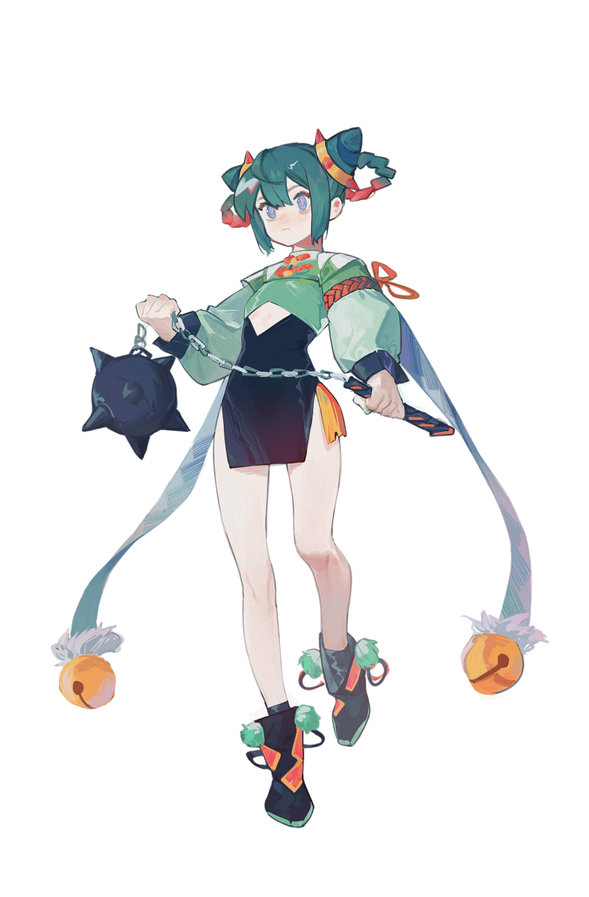 1girl absurdres aqua_hair bell blue_eyes braid braided_hair_rings china_dress chinese_clothes cone_hair_bun dress flail frown full_body hair_between_eyes hair_bun hair_rings highres holding holding_weapon jingle_bell multicolored_hair original pink_pupils red_hair short_hair sidelocks simple_background solo thighs torio02446440 two-tone_hair weapon white_background wide_sleeves