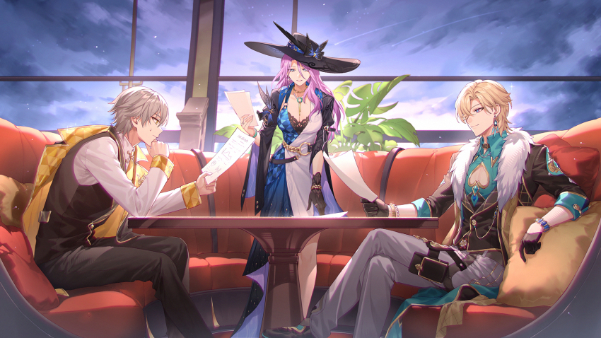 1girl 2boys alternate_costume aventurine_(honkai:_star_rail) belt black_gloves black_pants black_vest blonde_hair blue_dress blue_eyes breasts caelus_(honkai:_star_rail) cleavage coat couch crossed_legs curtains dress earrings fur_trim gloves grey_hair hat highres holding holding_paper honkai:_star_rail honkai_(series) indoors jacket jade_(honkai:_star_rail) jewelry kangetsu_(fhalei) long_hair long_sleeves multiple_boys pants paper pink_eyes pink_hair plant purple_eyes purple_hair shirt short_hair sitting smile table trailblazer_(honkai:_star_rail) vest weibo_username white_hair white_shirt window yellow_eyes