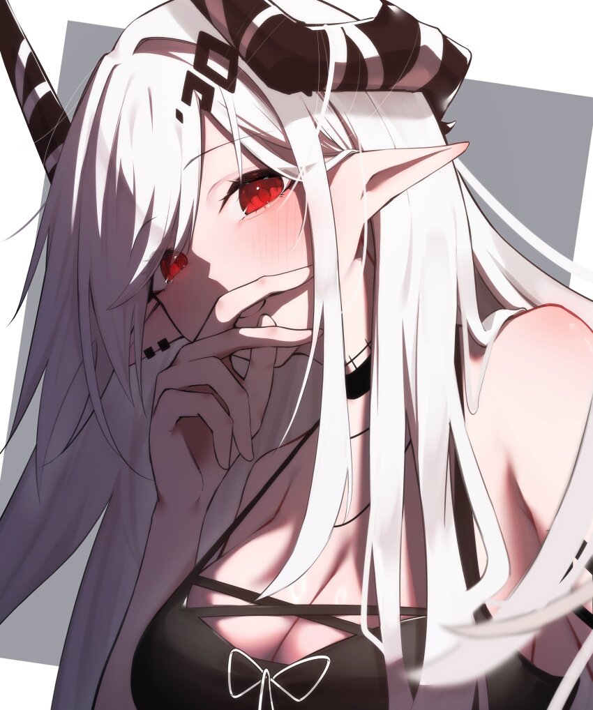 1girl absurdres arknights bare_shoulders bikini black_bikini blush breasts cleavage earrings flower hair_flower hair_ornament highres horns infection_monitor_(arknights) jewelry large_breasts long_hair looking_at_viewer mudrock_(arknights) mudrock_(silent_night)_(arknights) navel necklace official_alternate_costume outside_border pointy_ears red_eyes smile solo swimsuit very_long_hair white_hair worimehl