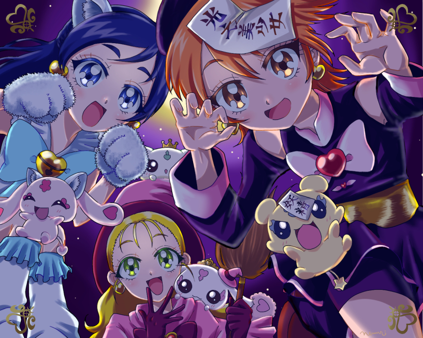 3girls :d animal_hands artist_name bell black_dress black_headwear blonde_hair blue_bow blue_eyes blue_hair boots bow brown_eyes brown_hair capelet claw_pose clothing_cutout commentary dress earrings futari_wa_precure futari_wa_precure_max_heart gloves halloween halloween_costume hat heart heart_earrings jewelry jiangshi_costume jingle_bell kujou_hikari long_hair long_sleeves looking_at_viewer lulun mepple mipple misumi_nagisa multiple_girls night ofuda ofutonnnineko open_mouth outdoors paw_gloves pink_capelet pink_headwear porun precure purple_gloves short_dress short_hair shoulder_cutout signature smile white_dress white_footwear witch_hat yellow_eyes yukishiro_honoka