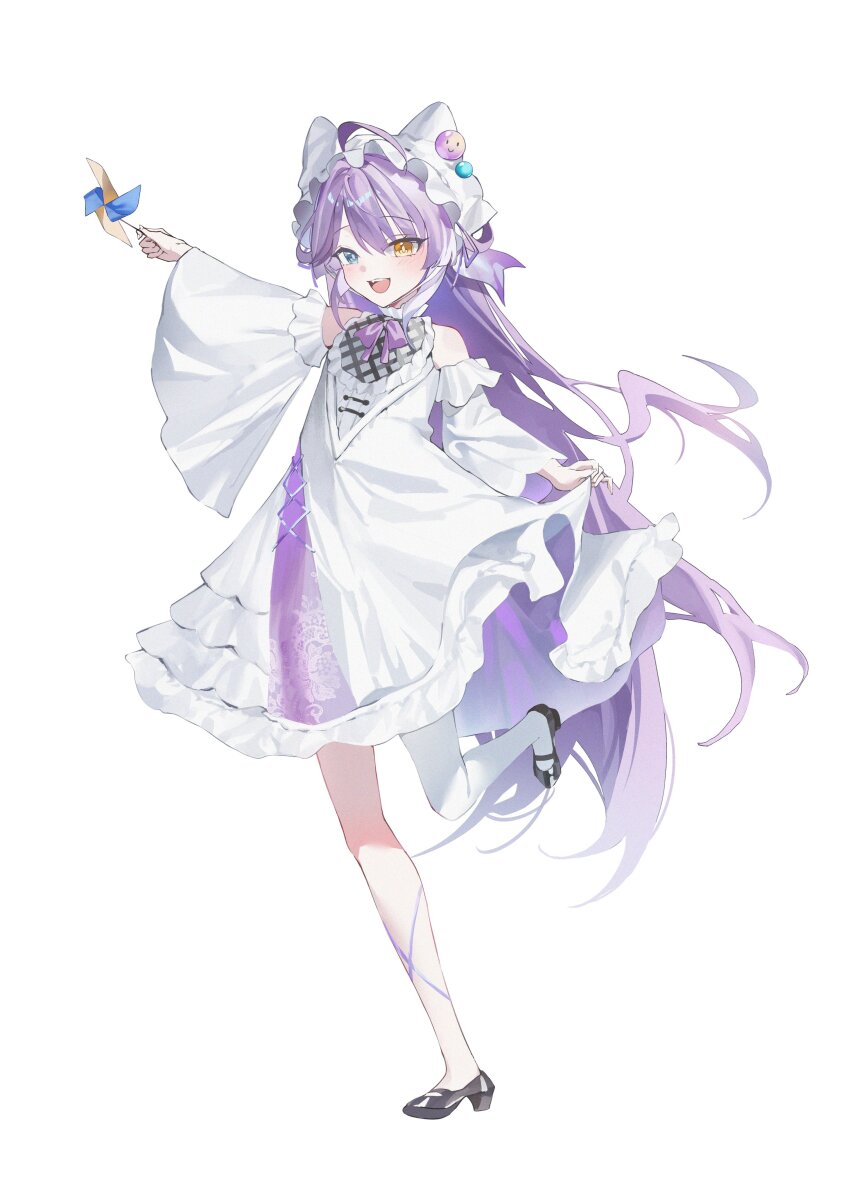 1girl absurdres ahoge blue_eyes detached_sleeves dress hair_rings heterochromia highres open_mouth pinwheel purple_hair raelchijigae simple_background single_thighhigh solo stellive tenko_shibuki thighhighs virtual_youtuber white_background white_dress yellow_eyes