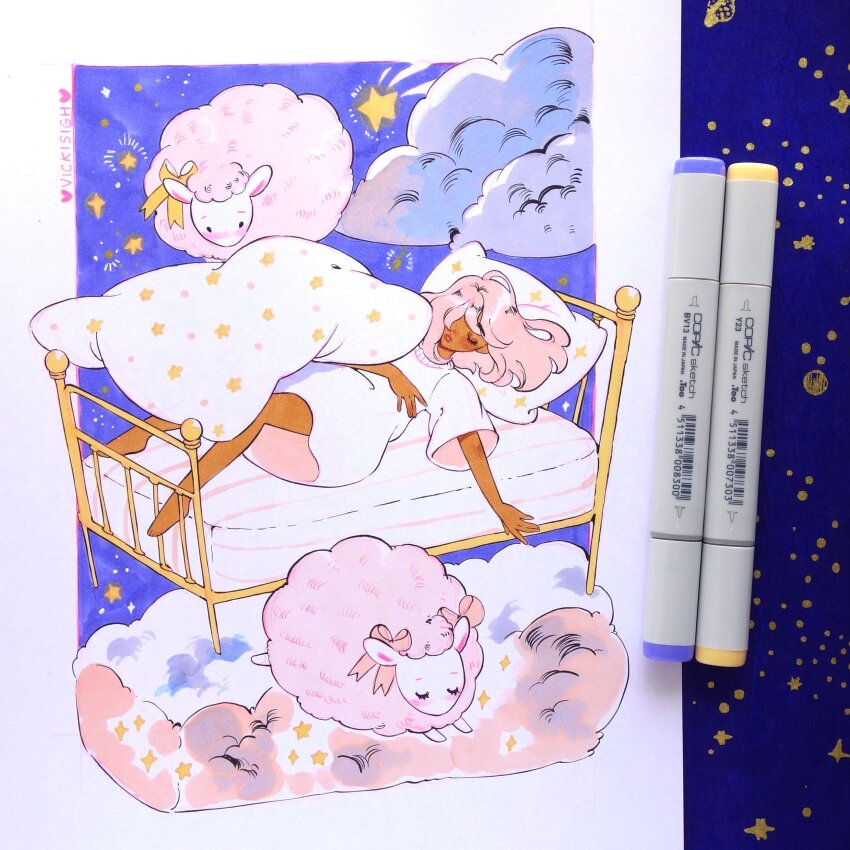 1girl absurdres art_tools_in_frame artist_name barefoot bed blanket closed_eyes cloud commentary dark-skinned_female dark_skin hair_over_one_eye highres inktober marker_(medium) midair original photo_(medium) pillow pink_hair ribbon sheep signature sky sleeping star_(sky) star_(symbol) star_print starry_sky traditional_media vicki_tsai