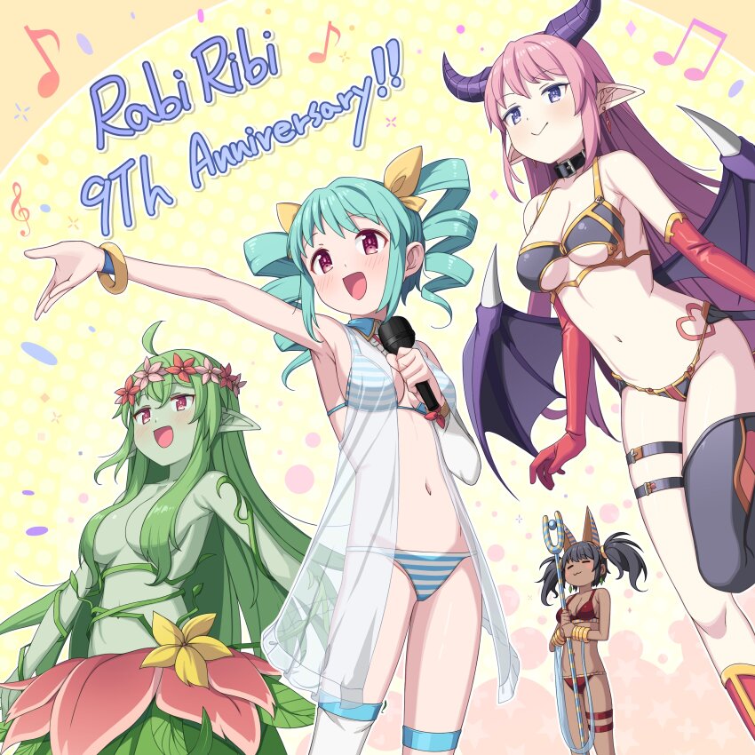 4girls :3 :d =_= absurdres ahoge alraune animal_ears anniversary aqua_hair armpits aruraune_(rabi-ribi) bare_shoulders belt_collar bikini black_collar black_hair black_thighhighs blue_eyes bracelet breasts closed_eyes collar collarbone colored_skin commentary completely_nude copyright_name demon_girl demon_wings detached_collar detached_sleeves drill_hair earrings elbow_gloves english_commentary fake_animal_ears flower flower_wreath gloves green_hair green_skin hair_over_breasts hair_ribbon heart heart_tattoo highres holding holding_microphone horns jewelry large_breasts light_blush lilith_(rabi-ribi) long_hair long_pointy_ears medium_breasts microphone monster_girl multiple_girls music musical_note navel nude official_art open_mouth outstretched_arm pandora_(rabi-ribi) pink_hair plant plant_girl pointy_ears rabi-ribi red_bikini red_eyes red_gloves ribbon saiste seana_(rabi-ribi) second-party_source sidelocks simple_background singing single_bare_arm single_detached_sleeve single_thighhigh smile stomach striped_bikini striped_clothes swimsuit swimsuit_cover-up tattoo thigh_strap thighhighs treble_clef twin_drills twintails very_long_hair vines wings yellow_background yellow_ribbon
