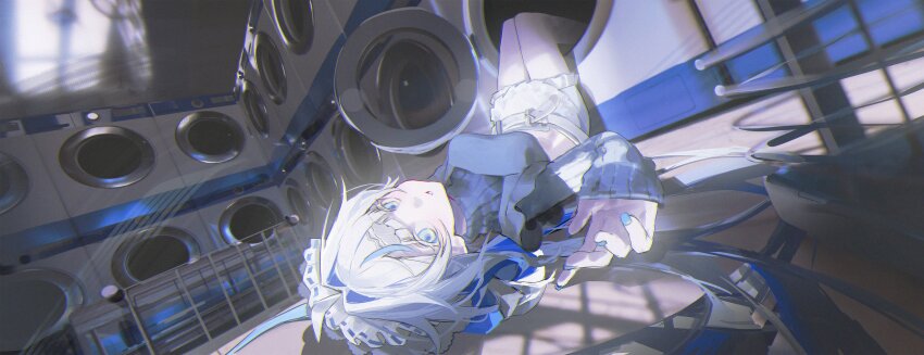 absurdres ahoge aokumo_rin blue_eyes blue_hair blue_nails blue_sweater breasts commentary dutch_angle hair_intakes highres indoors jw_(p_p_pp_pp) large_breasts laundromat laundry_basket looking_at_viewer lying multicolored_hair on_back shorts sleeves_past_wrists solo stellive streaked_hair sweater symbol-only_commentary virtual_youtuber washing_machine white_hair white_shorts