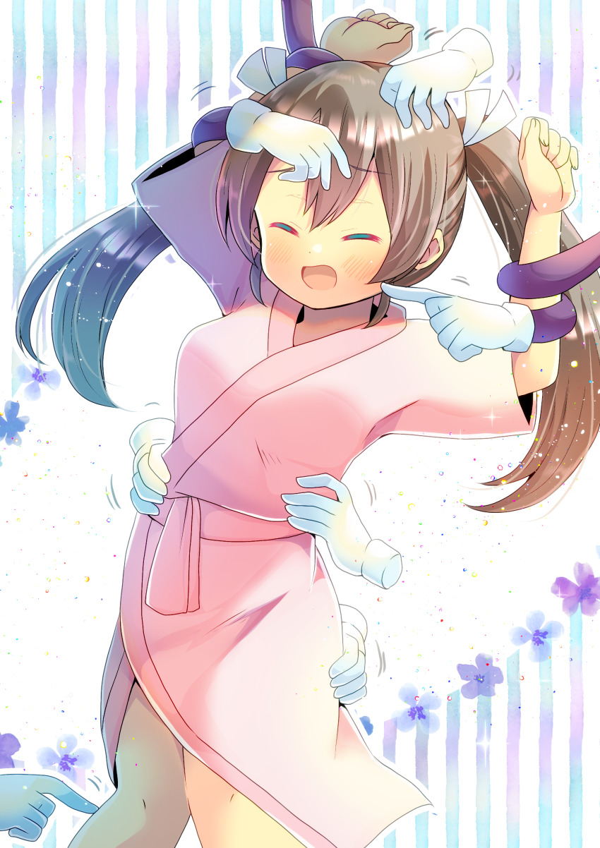 1girl absurdres arm_up blue_flower blush breasts brown_hair closed_eyes commission disembodied_hand facing_viewer floral_background flower hair_between_eyes highres japanese_clothes kantai_collection kimono kou_hiyoyo long_hair open_mouth pink_kimono pixiv_commission purple_flower restrained short_sleeves small_breasts standing striped_background tickling tickling_ass tickling_face tickling_legs tickling_sides twintails vertical_stripes wide_sleeves zuikaku_(kancolle)