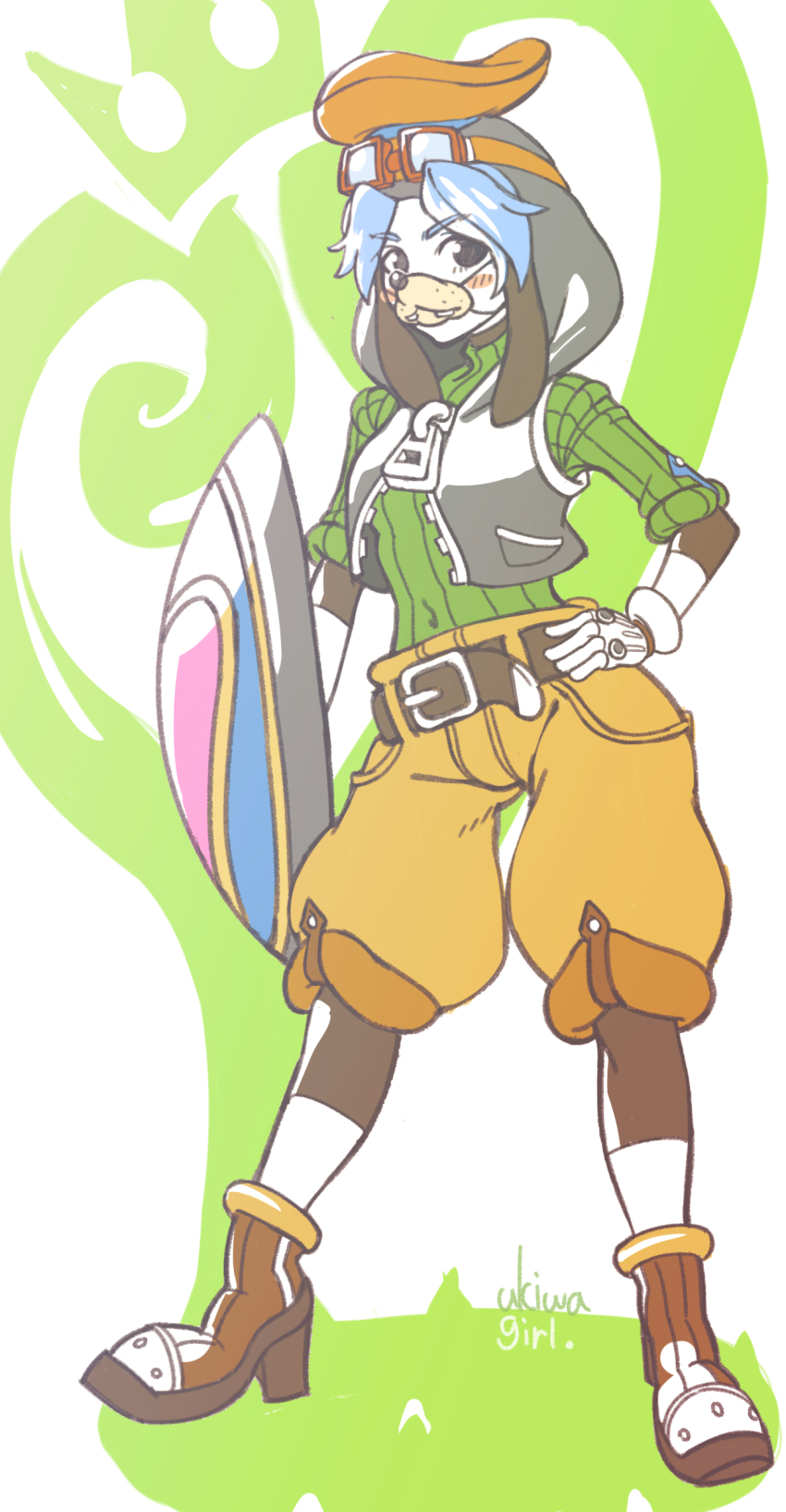 1girl absurdres belt black_belt black_eyes blue_hair boots brown_boots brown_shorts colored_skin commentary_request cookie_(touhou) cosplay fake_snout fingerless_gloves flour_(cookie) full_body gloves goggles goggles_on_head goofy goofy_(cosplay) green_shirt hand_on_own_hip highres holding holding_shield kingdom_hearts kumoi_ichirin looking_at_viewer mickey_mouse_&amp;_friends shield shirt short_hair shorts solo standing touhou ukiwagirl vest white_background white_gloves white_skin white_vest zipper