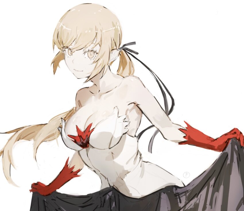 1girl bare_shoulders black_dress black_ribbon blonde_hair breasts cleavage closed_mouth dress gloves hair_ribbon highres kiss-shot_acerola-orion_heart-under-blade kizumonogatari light_smile long_hair looking_at_viewer monogatari_(series) oshino_shinobu pointy_ears red_gloves ribbon shadow simple_background solo taki_(a313131333) two-tone_dress vampire white_background white_dress yellow_eyes