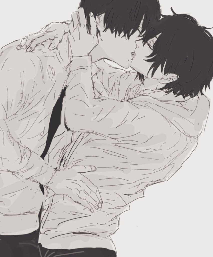 2boys black_hair black_pants chainsaw_man closed_eyes collared_shirt french_kiss from_side greyscale hand_on_another&#039;s_head highres hood hoodie kiss male_focus me_ku_ji_ra mole mole_under_mouth monochrome multiple_boys pants shirt short_hair simple_background sketch sugo_miri upper_body white_background yaoi yoshida_hirofumi