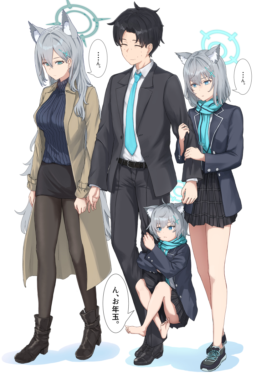 1boy 3girls absurdres ahoge aisumegane animal_ears barefoot black_hair black_pants black_skirt black_suit blue_archive blue_eyes blue_halo blue_necktie blue_scarf blush breasts brown_coat closed_eyes coat empty_eyes finger_grab formal_clothes grabbing_another&#039;s_arm grey_hair hair_between_eyes hair_ornament hairclip halo heterochromia highres jealous large_breasts leg_grab long_hair looking_down multiple_girls necktie pants pantyhose scarf sensei_(blue_archive) sensei_(blue_archive_the_animation) shiroko_(blue_archive) shiroko_(young)_(blue_archive) shiroko_terror_(blue_archive) shirt short_hair skirt suit translation_request very_long_hair white_shirt wolf_ears