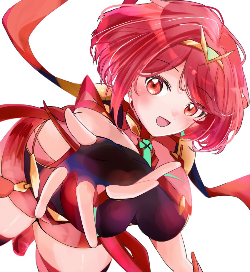 1girl breasts cherubi_nbo chest_jewel core_crystal_(xenoblade) cowboy_shot earrings highres jewelry large_breasts open_mouth pyra_(xenoblade) red_eyes red_hair red_shorts short_hair shorts simple_background smile solo tiara white_background xenoblade_chronicles_(series) xenoblade_chronicles_2