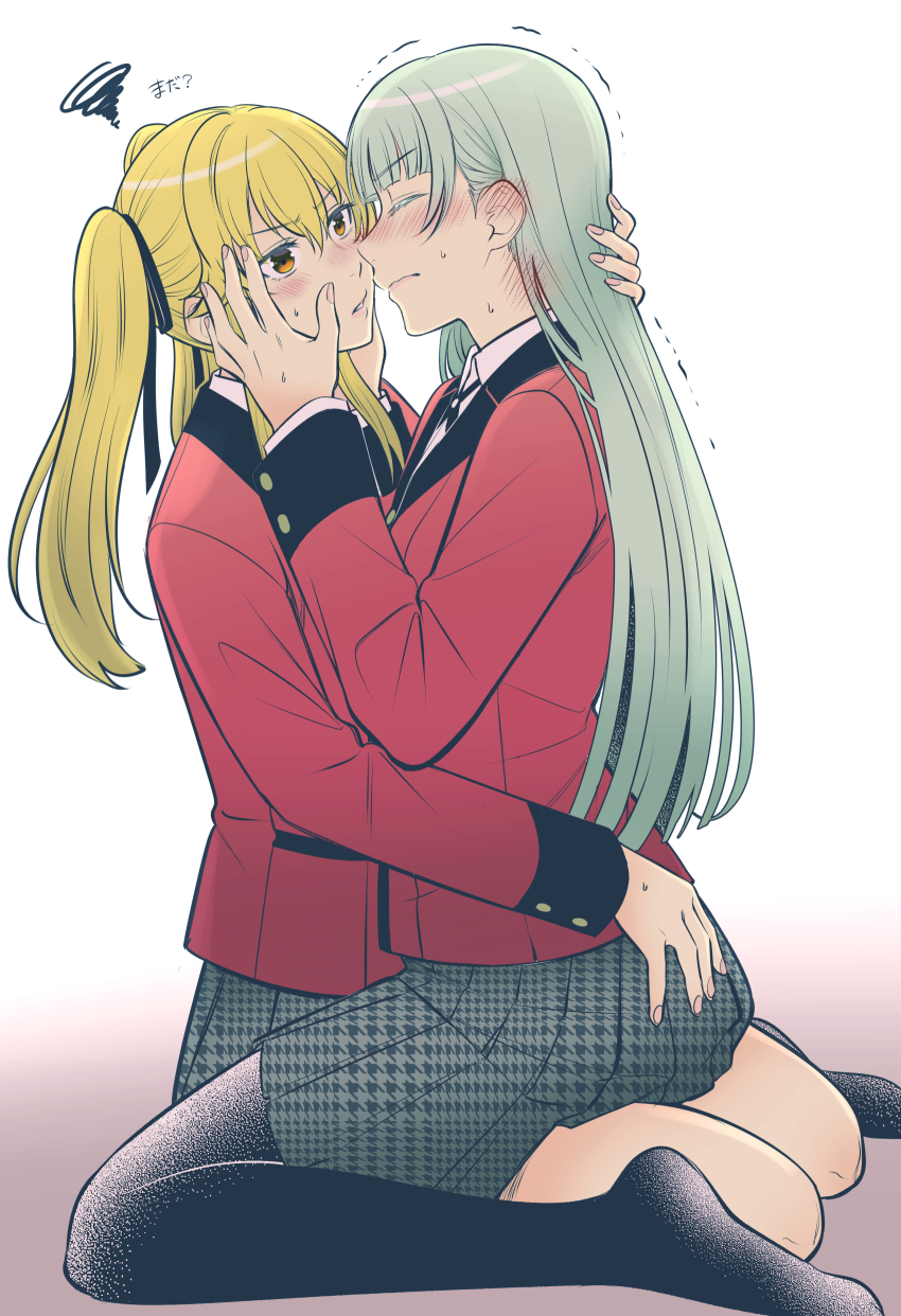 2girls absurdres ba_90mushi blonde_hair blush ear_blush highres hyakkaou_academy_school_uniform kakegurui long_hair momobami_ririka multiple_girls nervous pantyhose saotome_mary school_uniform sitting sitting_on_lap sitting_on_person sweatdrop yuri