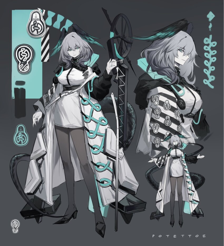 1girl aqua_eyes aqua_wings arknights arm_up between_breasts black_coat black_shoes black_wings breasts closed_mouth coat commentary dress fingerless_gloves full_body gloves grey_hair grey_pantyhose hair_between_eyes high_heels highres ho&#039;olheyak_(arknights) holding holding_staff holding_weapon large_breasts long_sleeves looking_at_viewer medium_hair mixed-language_commentary multicolored_coat multicolored_wings multiple_views open_clothes open_coat pantyhose pencil_dress potettoe shoes short_dress smile snake_tail staff strap_between_breasts tail two-tone_wings upper_body weapon white_coat white_dress white_gloves wide_sleeves wings