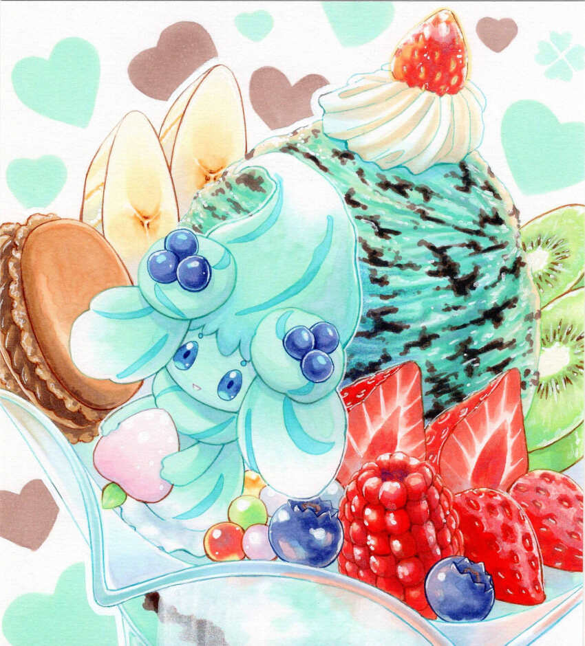 1girl alcremie alcremie_(berry_sweet) alcremie_(mint_cream) banana banana_slice berry_(pokemon) blue_eyes blueberry commentary_request dessert food food-themed_hair_ornament food_focus fruit gen_8_pokemon hair_ornament highres holding ice_cream in_container kiwi_(fruit) kiwi_slice long_hair macaron marker_(medium) minimized mint_chocolate nintendo pecha_berry pokemon pokemon_(creature) raspberry solo strawberry strawberry_slice sundae sweets traditional_media whipped_cream yuka_(yukaaaaaaa0705)