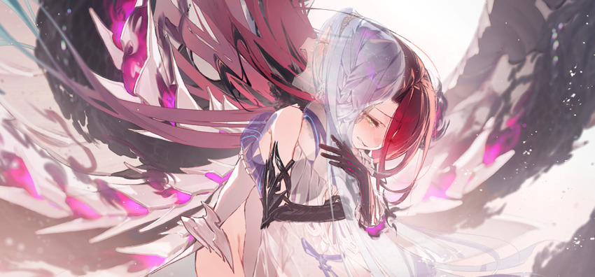 2girls blue_hair blush braid closed_eyes crying elbow_gloves fading fate/grand_order fate_(series) floating_hair game_cg gloves hair_between_eyes hairband hotosoka hug long_hair multiple_girls official_art open_mouth red_hair ribbon third-party_source transparent typhon_ephemeros_(fate) typhon_epsilon_(fate) upper_body yellow_eyes