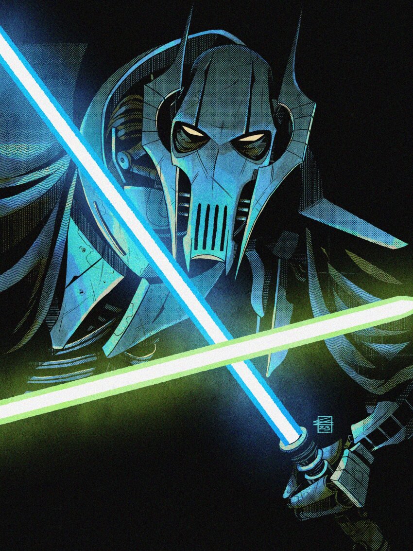 1boy alien artist_logo blue_lightsaber colin_craker colored_sclera dual_wielding energy_sword general_grievous green_lightsaber highres holding holding_sword holding_weapon lightsaber logo solid_eyes solo star_wars sword upper_body weapon yellow_sclera