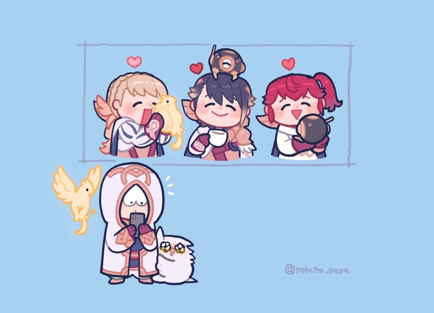 alfonse_(fire_emblem) anna_(fire_emblem) armor bird blonde_hair blue_hair blush braid brother_and_sister cape commentary_request feathers feh_(fire_emblem_heroes) fire_emblem fire_emblem_heroes gloves hood hood_up hooded_coat kiran_(fire_emblem) leather leather_gloves leather_strap long_hair multicolored_hair multiple_boys multiple_girls mushi_rags nintendo open_mouth owl robot sharena_(fire_emblem) short_hair siblings smile sparkling_eyes