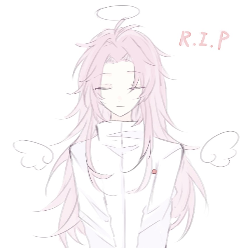 1boy absurdres amaretto chinese_commentary closed_eyes closed_mouth commentary_request detached_wings facing_viewer halo hatsutori_hajime highres long_hair long_sleeves male_focus pale_skin parted_bangs pink_hair rest_in_peace_(phrase) saibou_shinkyoku shirt smile solo traditional_halo upper_body white_shirt wings