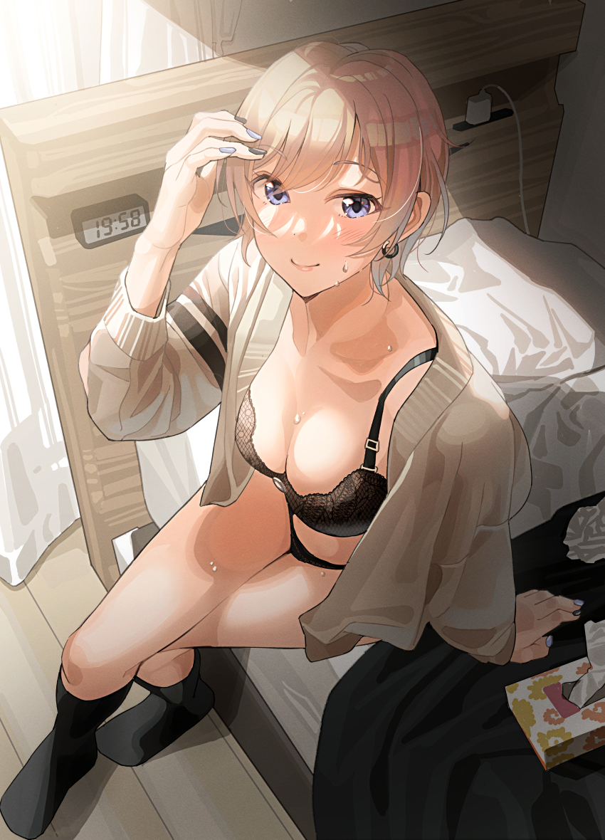 1girl absurdres arm_support arm_up black_bra black_nails black_panties black_socks blonde_hair blue_nails blush bra breasts brown_cardigan cardigan cleavage clock closed_mouth commentary_request crossed_legs digital_clock earrings gyaru highres jewelry kogal long_sleeves looking_at_viewer medium_breasts multicolored_nails nail_polish no_pants on_bed open_cardigan open_clothes original panties short_hair sitting smile socks solo tipii tissue_box underwear wooden_floor