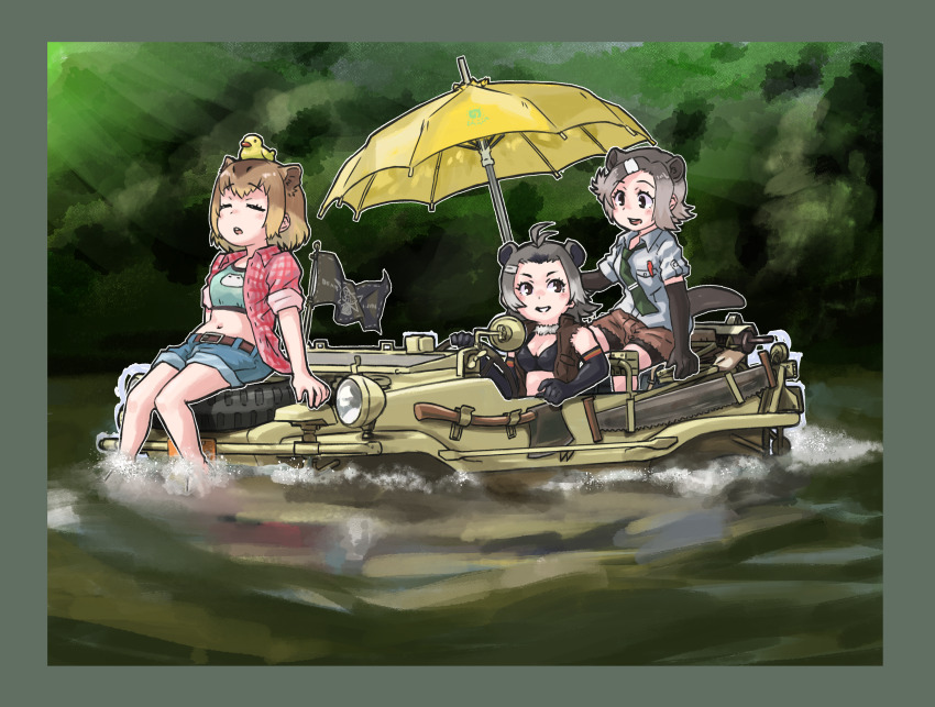 3girls absurdres american_beaver_(kemono_friends) amphibious_ground_vehicle animal_ears antenna_hair axe beach_umbrella beaver_ears beaver_tail belt bike_shorts bike_shorts_under_shorts black_eyes black_hair border bra brown_eyes brown_hair capybara_(kemono_friends) car closed_eyes commentary_request day driving elbow_gloves eurasian_beaver_(kemono_friends) extra_ears flag flag_on_vehicle fur_collar gloves grey_hair hair_ornament hairclip hand_saw highres kemono_friends looking_at_another medium_hair motor_vehicle multicolored_hair multiple_girls necktie object_on_head on_car on_vehicle open_clothes open_mouth open_shirt open_vest outdoors plaid_clothes plaid_shirt river rubber_duck saw shirt short_sleeves shorts sidelocks sitting smile sports_bra steering_wheel tail toriny torn_clothes torn_sleeves umbrella underwear vest volkswagen volkswagen_type_166_schwimmwagen water