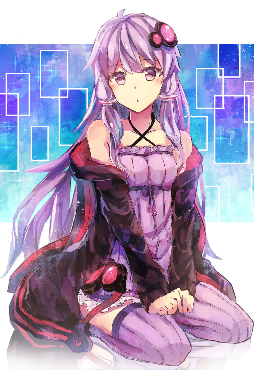 1girl ahoge alternate_hair_length alternate_hairstyle bare_shoulders blush breasts collarbone dress female_focus hair_ornament highres hood hoodie long_hair looking_at_viewer open_clothes open_hoodie parted_lips purple_eyes purple_hair purple_thighhighs seiza sidelocks sitting solo strapless strapless_dress suisetsu_mizuna thighhighs tube_dress v_arms vocaloid voiceroid yuzuki_yukari