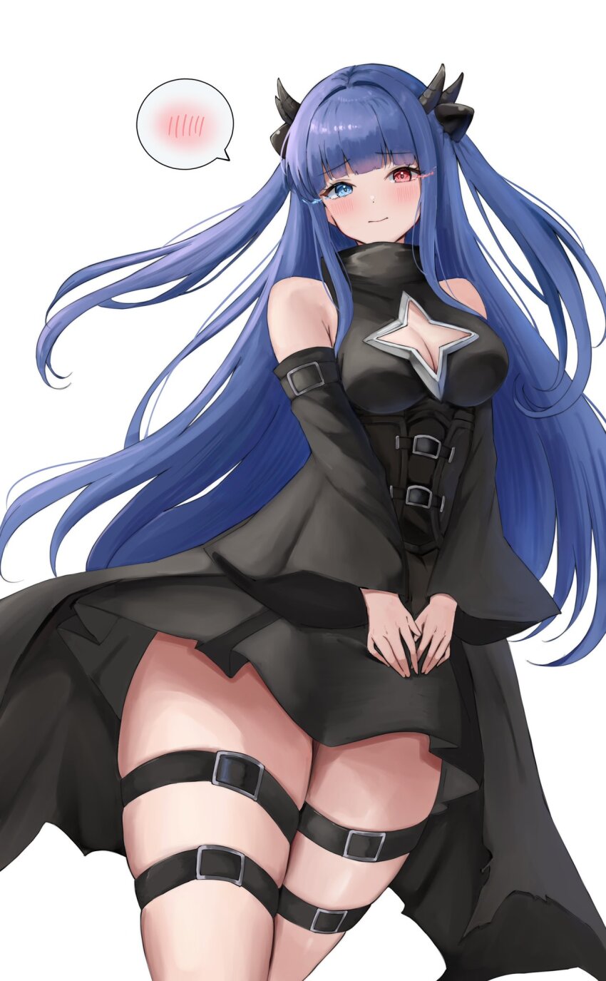 1girl azur_lane bare_shoulders belt black_dress black_horns black_sleeves blue_eyes blue_hair blush breasts cleavage cleavage_cutout closed_mouth clothing_cutout cosplay detached_sleeves dress fukuen_misato highres horns ibuki_(azur_lane) konjiki_no_yami konjiki_no_yami_(cosplay) large_breasts long_hair looking_at_viewer red_eyes simple_background solo soul_(dp11) spoken_blush star_cutout thigh_belt thigh_strap to_love-ru two_side_up voice_actor_connection white_background wide_sleeves
