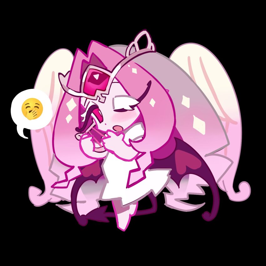 1girl angel angel_wings chibi colored_skin cookie_run cookie_run:_kingdom dress eternal_sugar_cookie highres long_hair looking_at_viewer pink_eyes pink_hair pink_skin shime_52631 solo very_long_hair white_dress wings